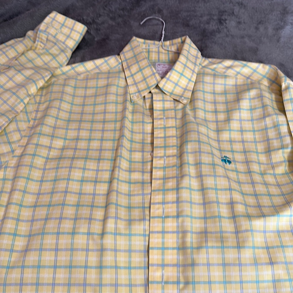 Brooks brother button down yellow with green checks and insignia